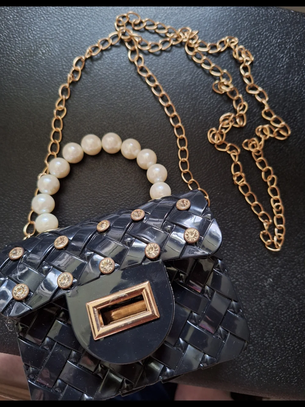 Elegant Little Girls Black Woven Handbag with Pearl Handle and Gold Accents